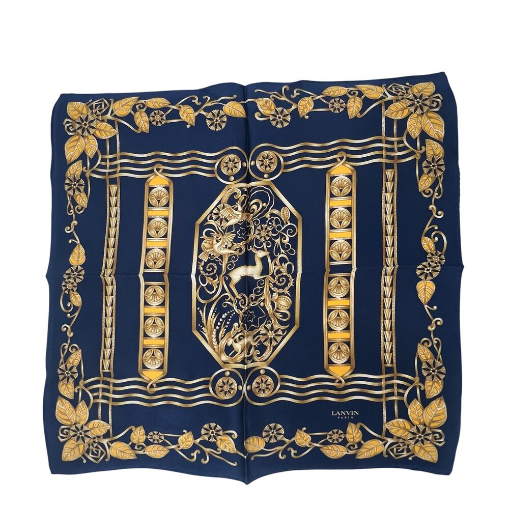 LANVIN Paris Silk Scarf 15" Square  Navy Gold Floral Deer Old Money Quiet Luxury